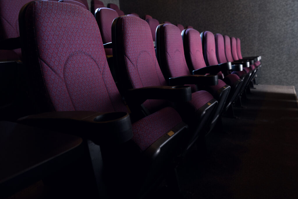 rows of seats in a movie theater being shown through a dim light